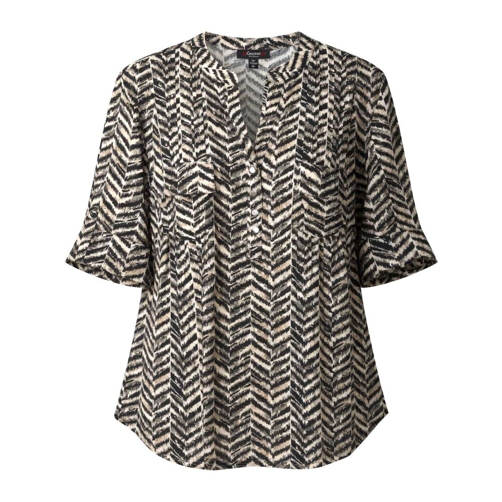 Cocomo Women's Plus Size 2X Black Beige Multi Geo Print Pintuck Short Sleeve Top